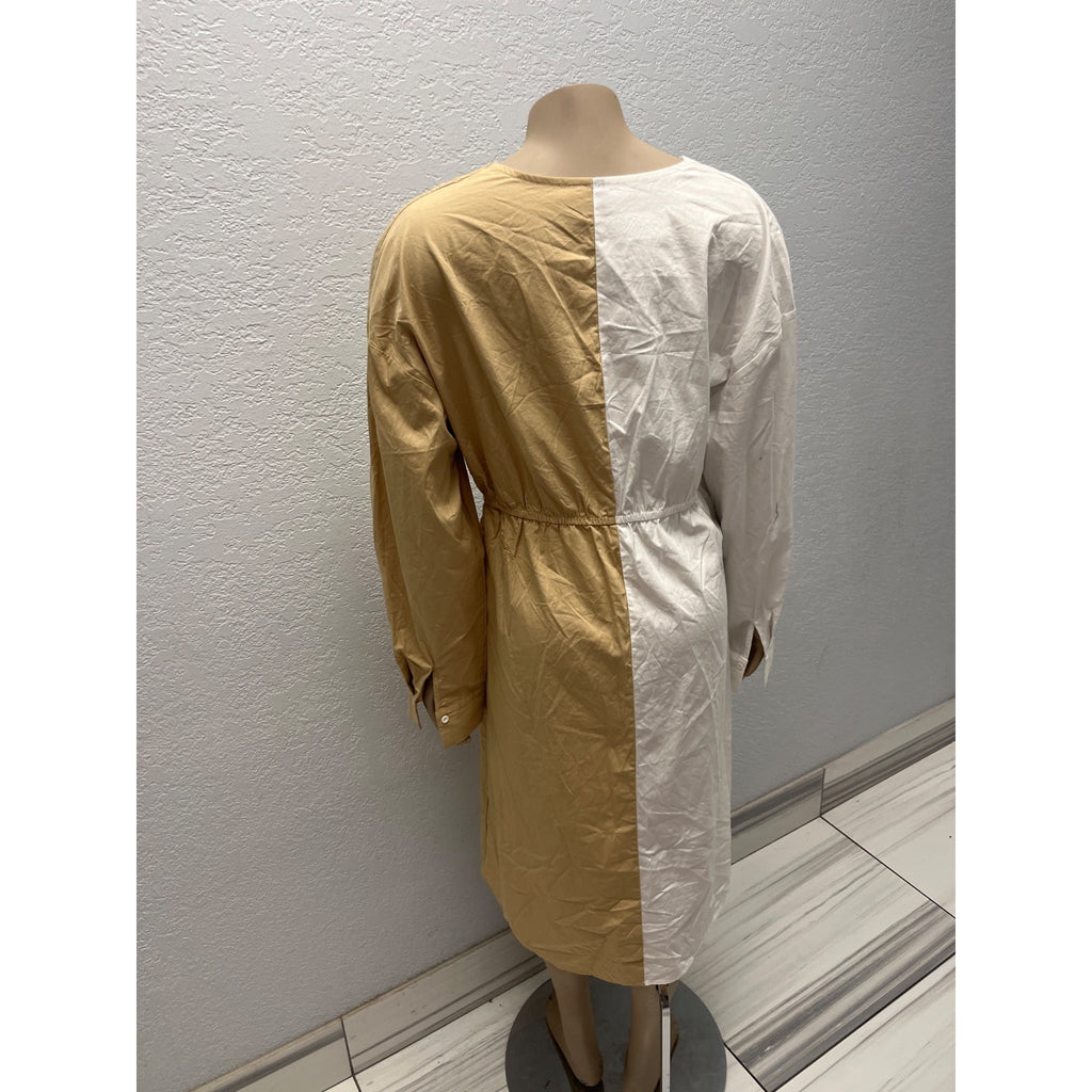 #1102 Shein Two-Tone Beige White Wrap-Style Long Sleeve Sheath Dress Size Large