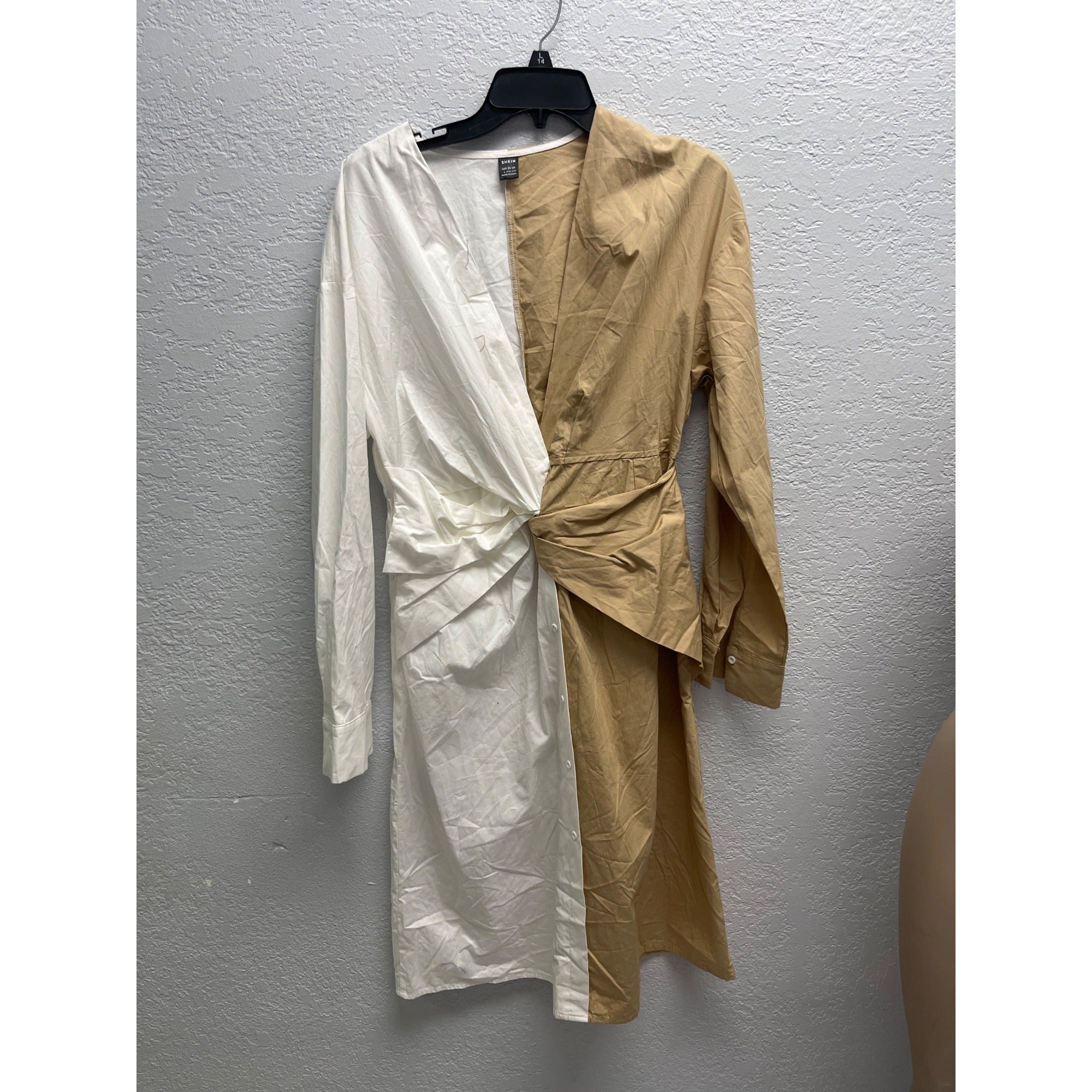 #1102 Shein Two-Tone Beige White Wrap-Style Long Sleeve Sheath Dress Size Large