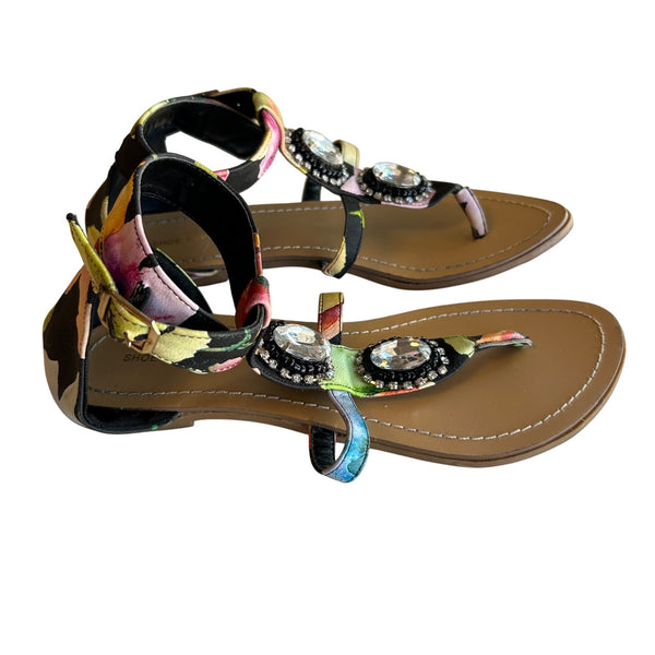 Floral Embellished Sandals By Shoe Republic LA With Rhinestone Accents Women's 7