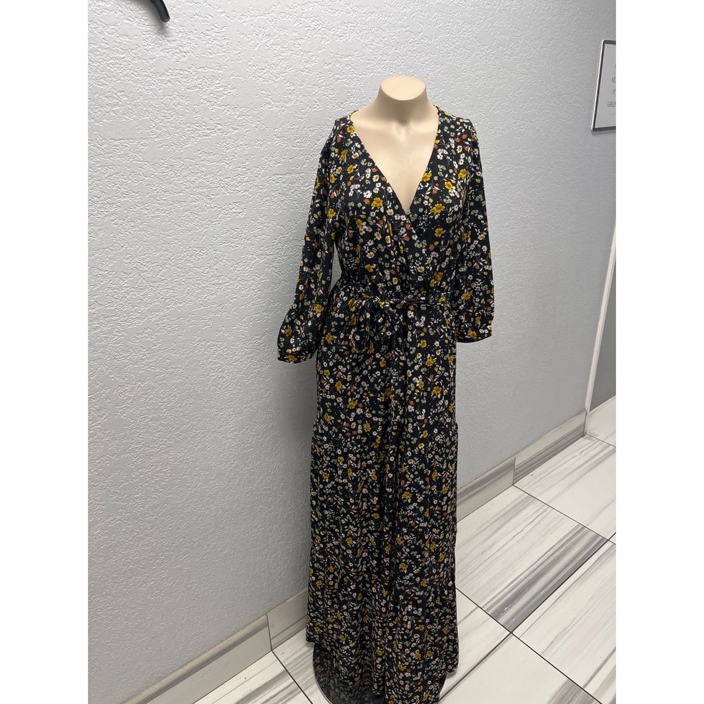 #1128 Orange Creek Size S Black Floral Long Sleeve Maxi Dress with Smocked Waist
