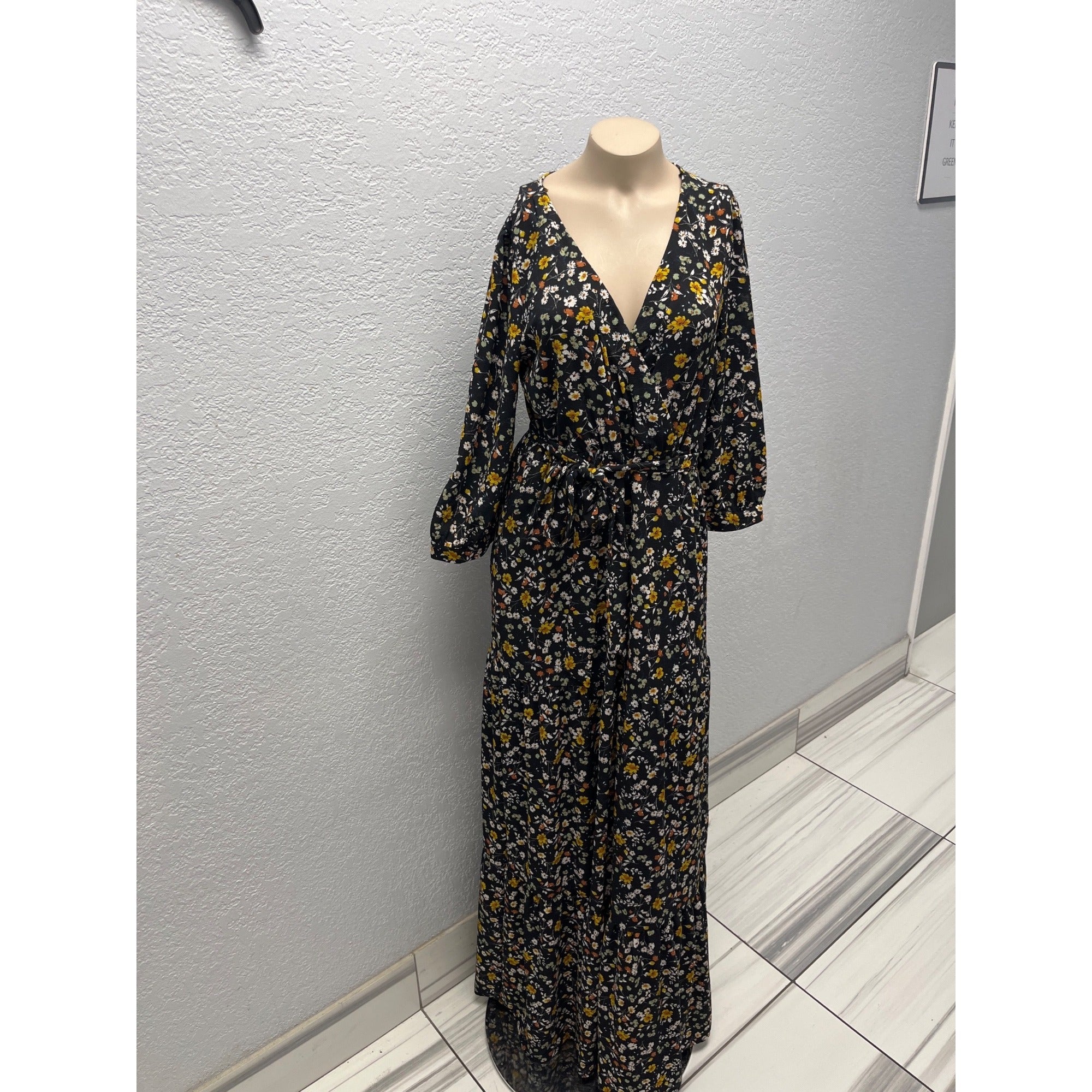 #1128 Orange Creek Size S Black Floral Long Sleeve Maxi Dress with Smocked Waist