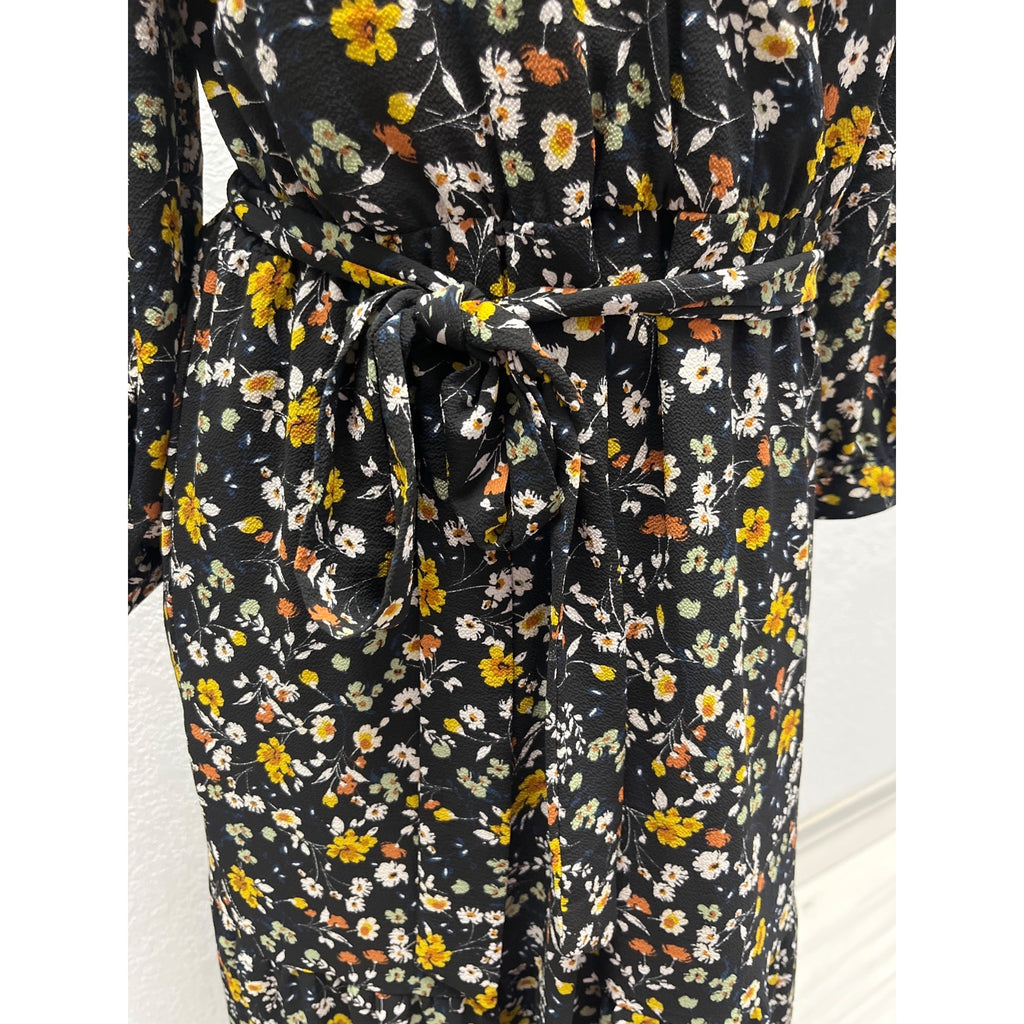 #1128 Orange Creek Size S Black Floral Long Sleeve Maxi Dress with Smocked Waist