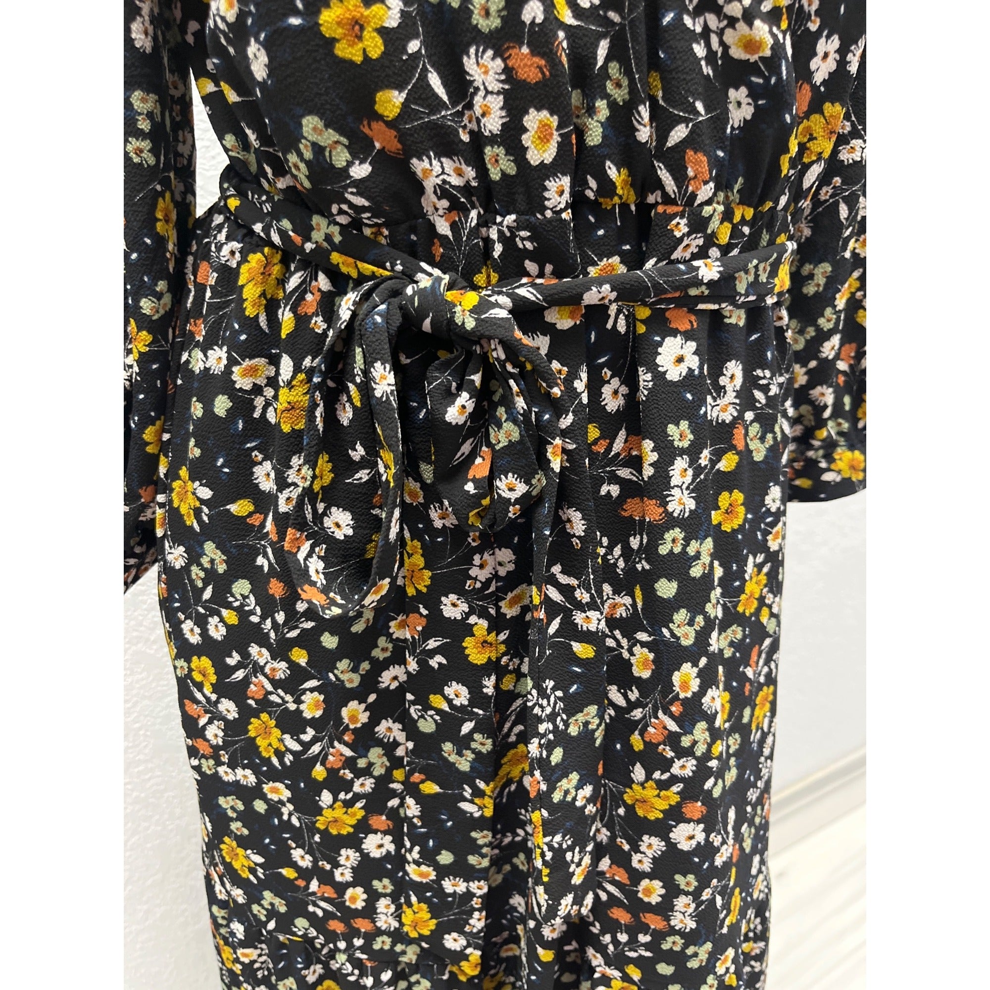 #1128 Orange Creek Size S Black Floral Long Sleeve Maxi Dress with Smocked Waist