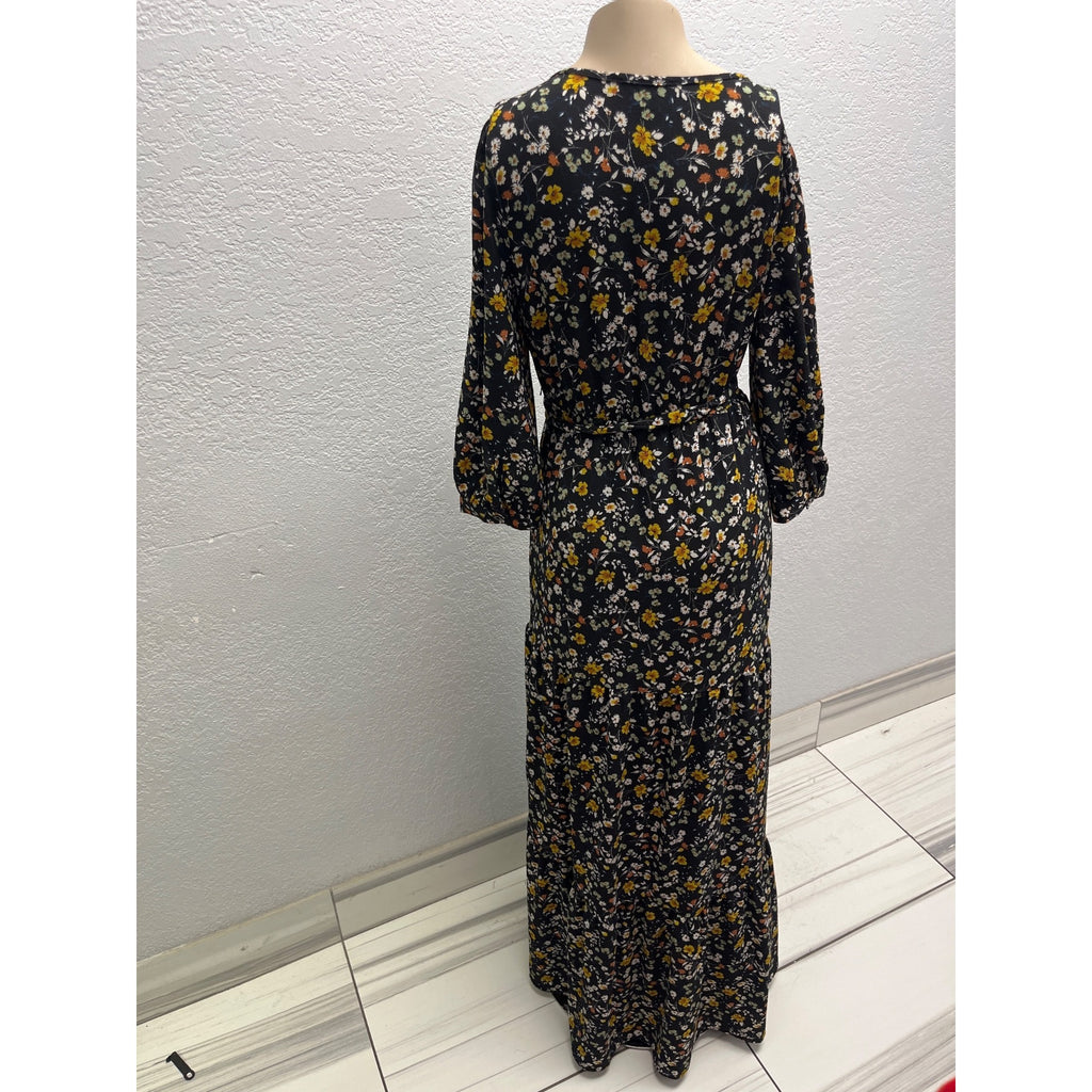 #1128 Orange Creek Size S Black Floral Long Sleeve Maxi Dress with Smocked Waist