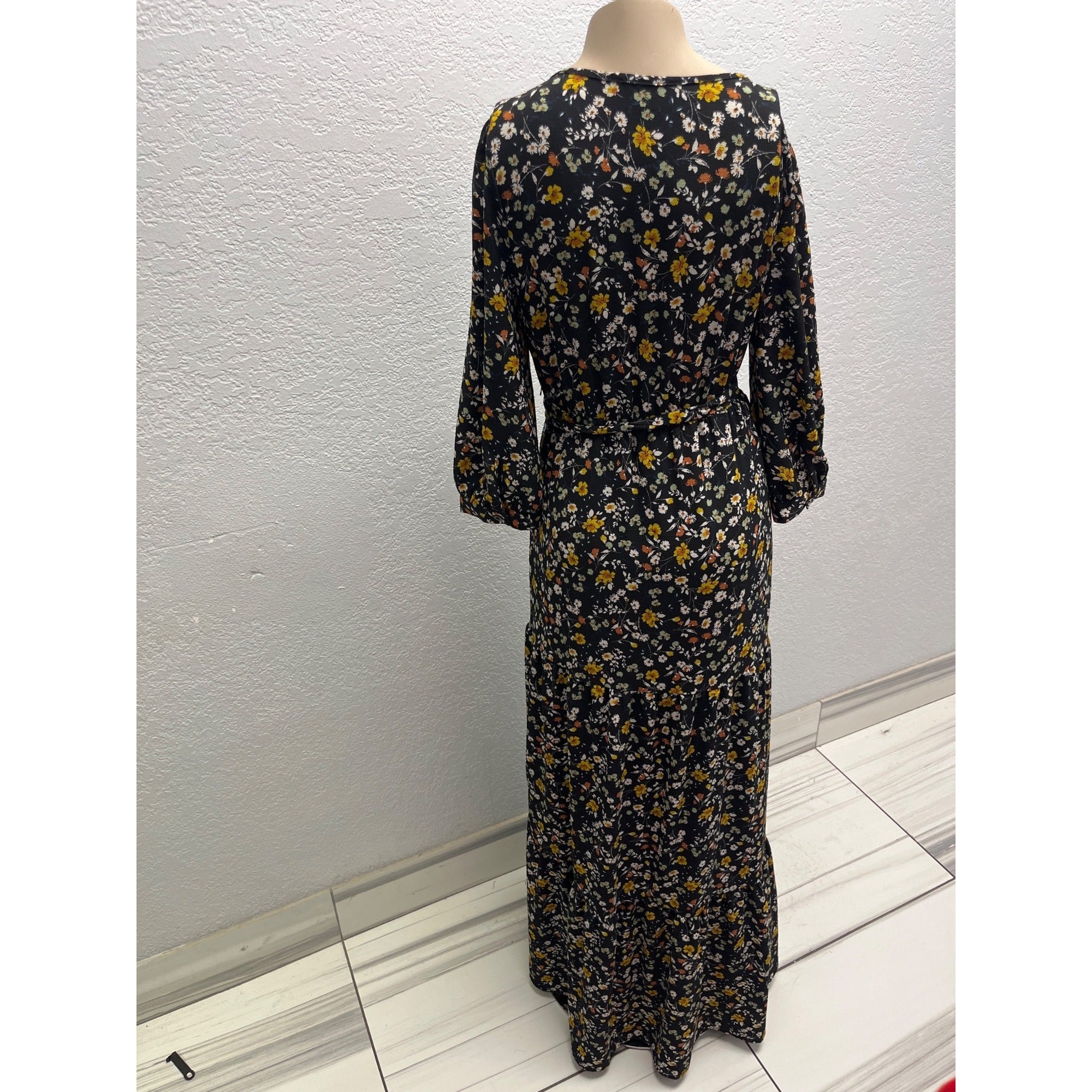 #1128 Orange Creek Size S Black Floral Long Sleeve Maxi Dress with Smocked Waist