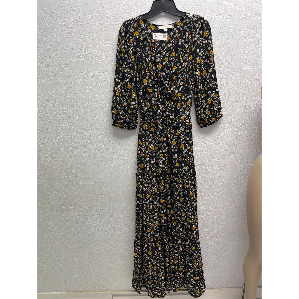 #1128 Orange Creek Size S Black Floral Long Sleeve Maxi Dress with Smocked Waist