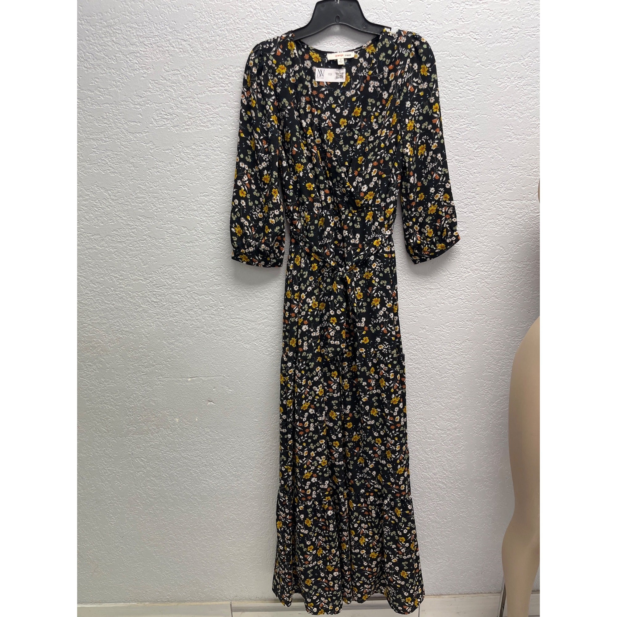 #1128 Orange Creek Size S Black Floral Long Sleeve Maxi Dress with Smocked Waist