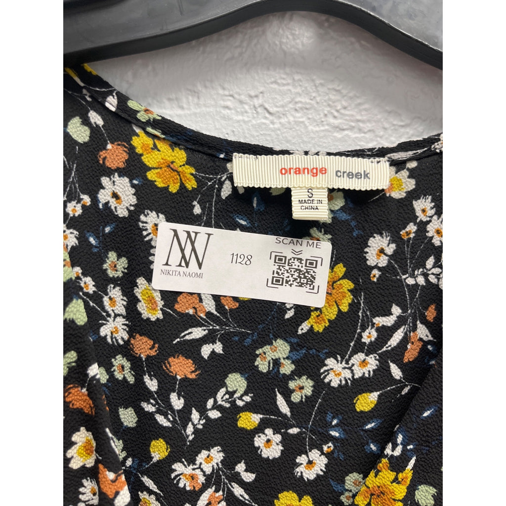 #1128 Orange Creek Size S Black Floral Long Sleeve Maxi Dress with Smocked Waist