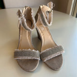 Forever Frayed Beige Wedge Sandals With Rhinestone Ankle Strap Women's Size 7.5