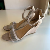 Forever Frayed Beige Wedge Sandals With Rhinestone Ankle Strap Women's Size 7.5