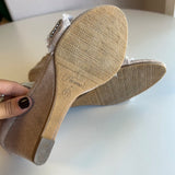 Forever Frayed Beige Wedge Sandals With Rhinestone Ankle Strap Women's Size 7.5