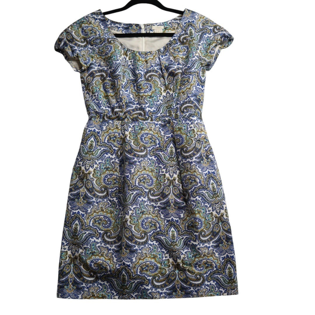 J. Crew Blue Paisley Pattern Sheath Dress Round Neck Cap Sleeves Women's Size 2