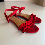 Bamboo Red Faux-Suede Flat Open Toe Sandal with Ruffles Women's Size 6.5