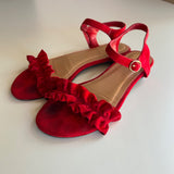 Bamboo Red Faux-Suede Flat Open Toe Sandal with Ruffles Women's Size 6.5