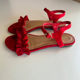 Bamboo Red Faux-Suede Flat Open Toe Sandal with Ruffles Women's Size 6.5