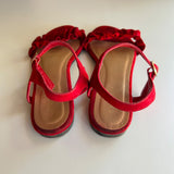 Bamboo Red Faux-Suede Flat Open Toe Sandal with Ruffles Women's Size 6.5