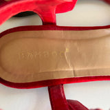 Bamboo Red Faux-Suede Flat Open Toe Sandal with Ruffles Women's Size 6.5