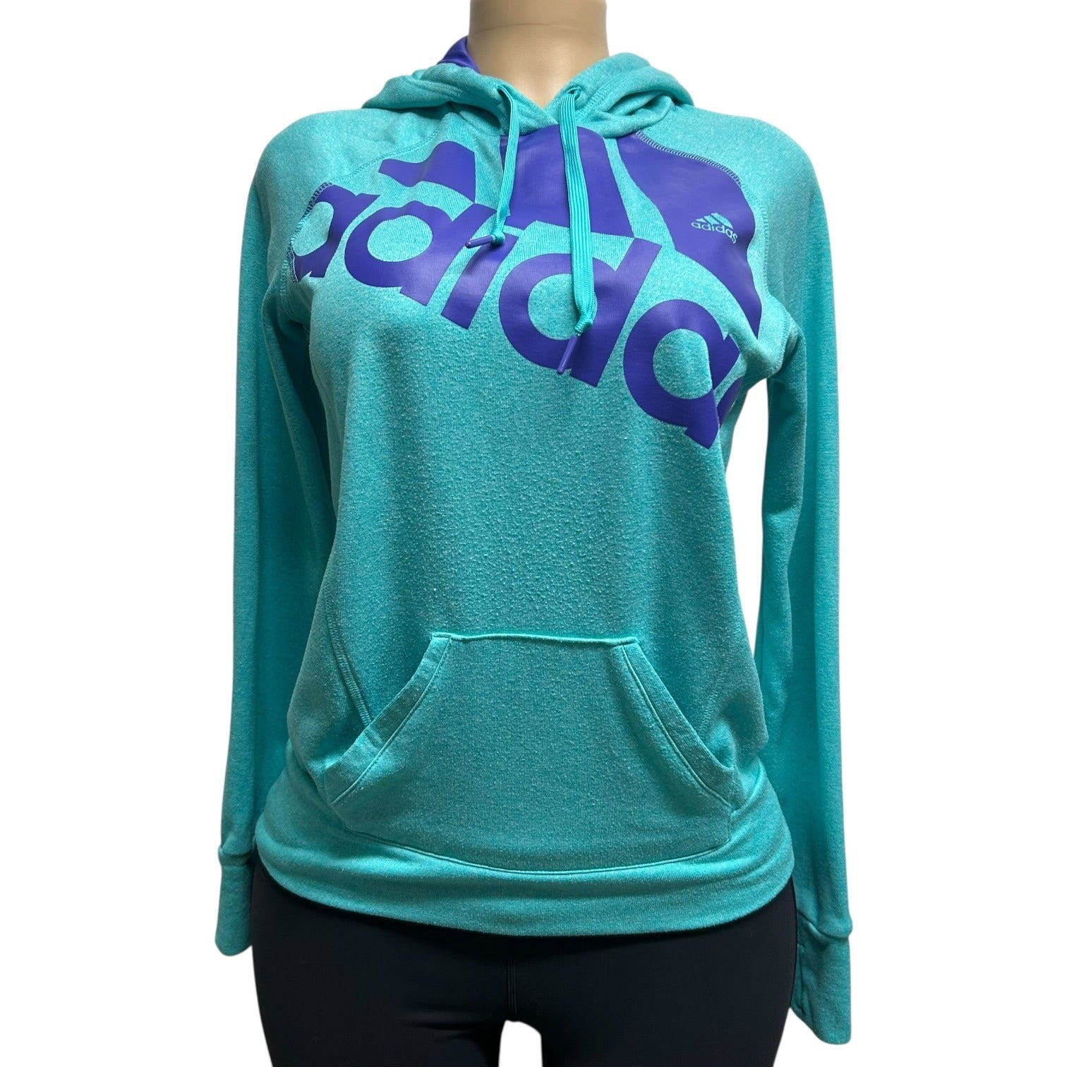 TG-6 Adidas Womens Small Go-To Pullover Hoodie Teal Purple Athletic Sweatshirt
