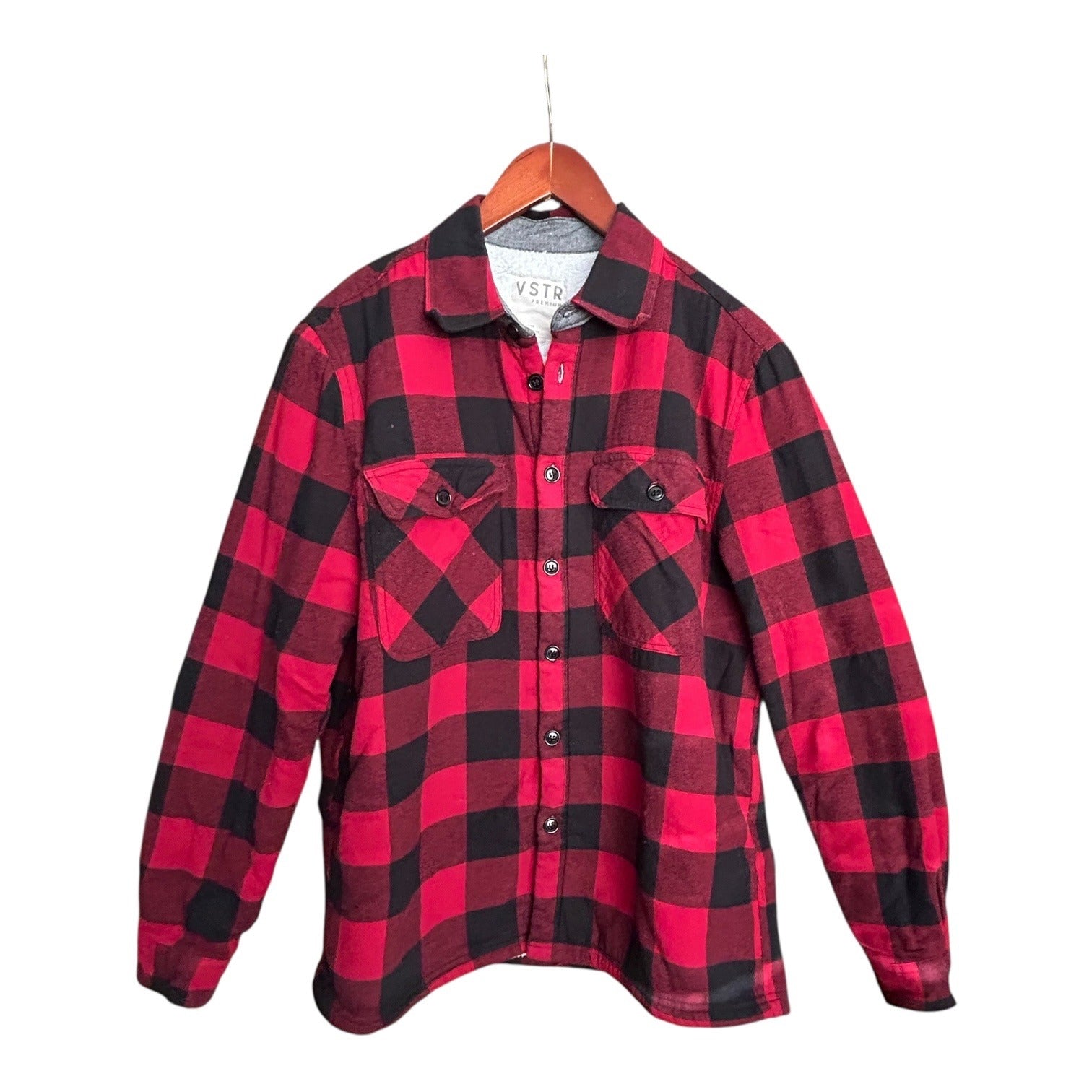 VSTR Premium Mens Red & Black Plaid Sherpa-Lined Button-Up Flannel Shirt Size M