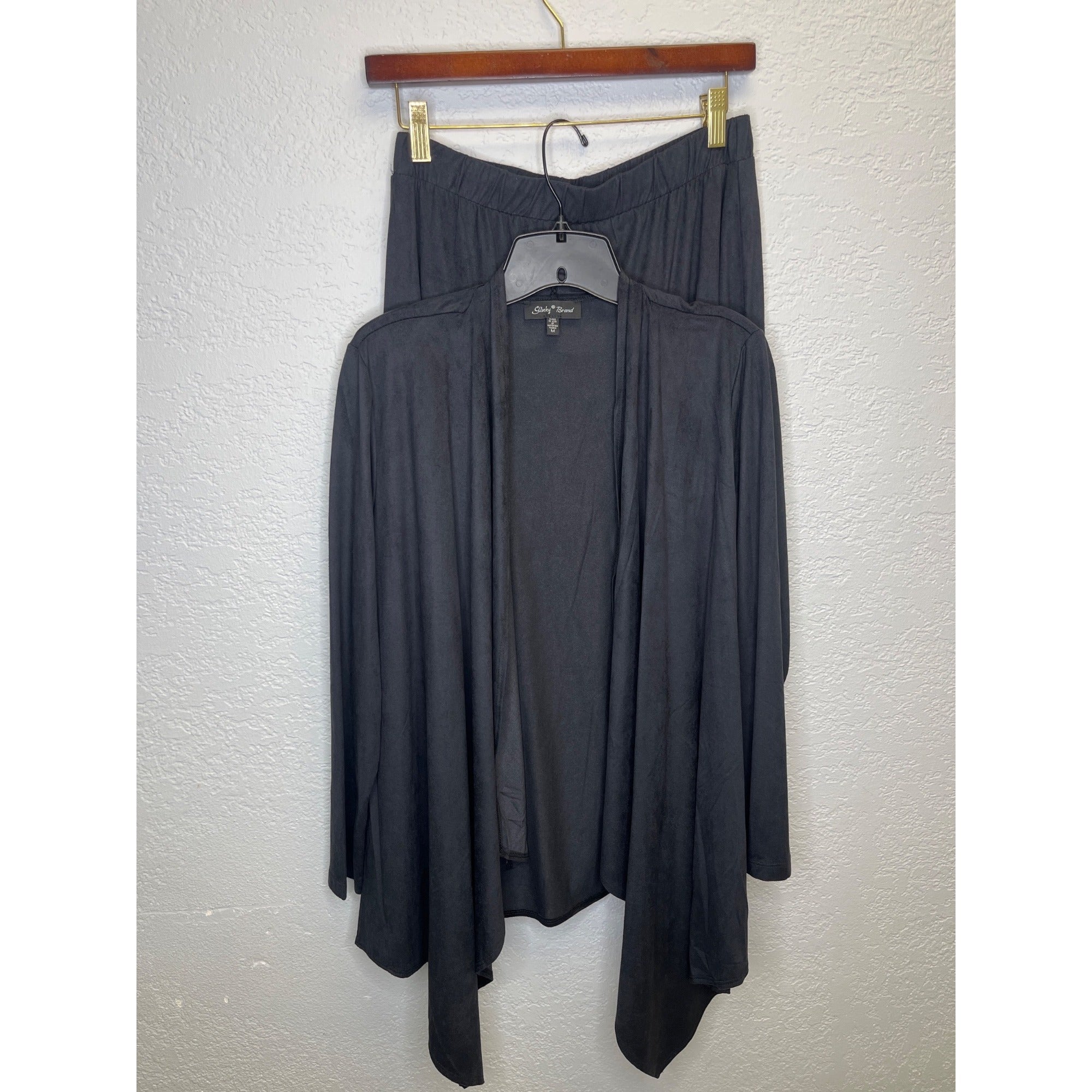 #1180 Slinky Brand Medium Two Piece Set Faux Suede Cardigan and Skirt, Black