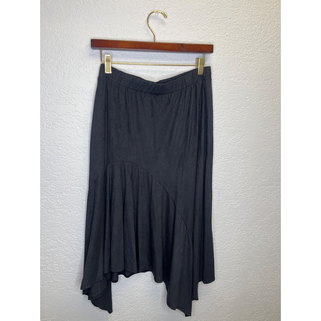 #1180 Slinky Brand Medium Two Piece Set Faux Suede Cardigan and Skirt, Black