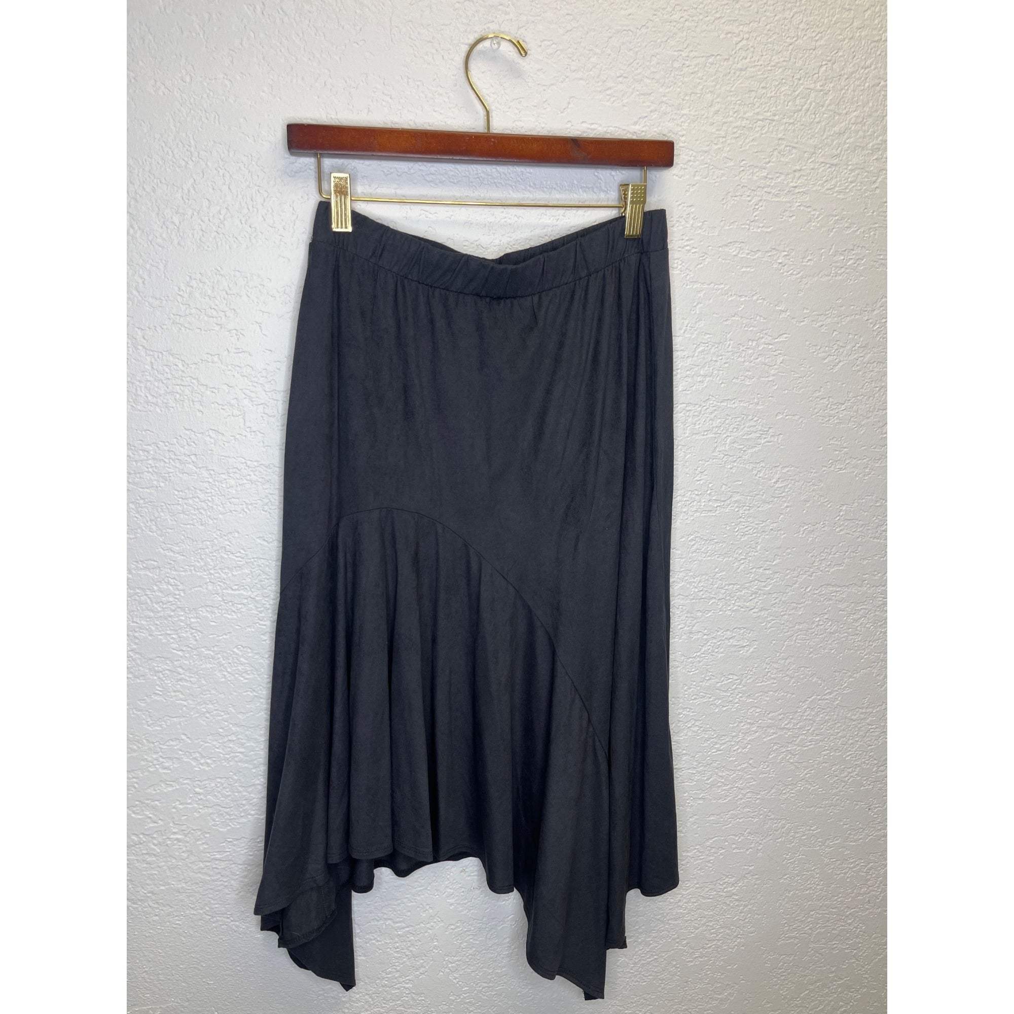 #1180 Slinky Brand Medium Two Piece Set Faux Suede Cardigan and Skirt, Black