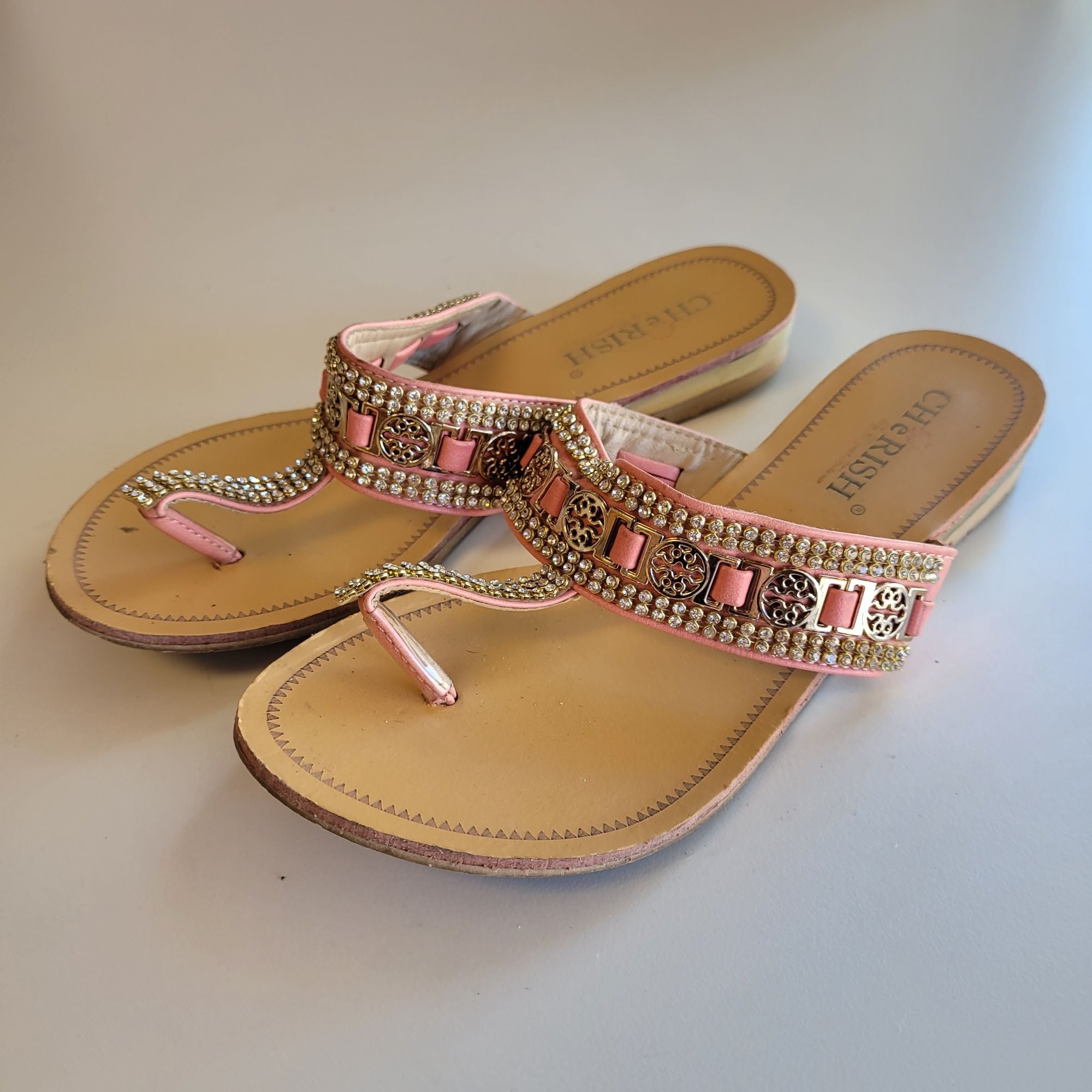 Cherish Coral Pink Embellished Flip Flop T Bar Sandals Women's Size 6.5