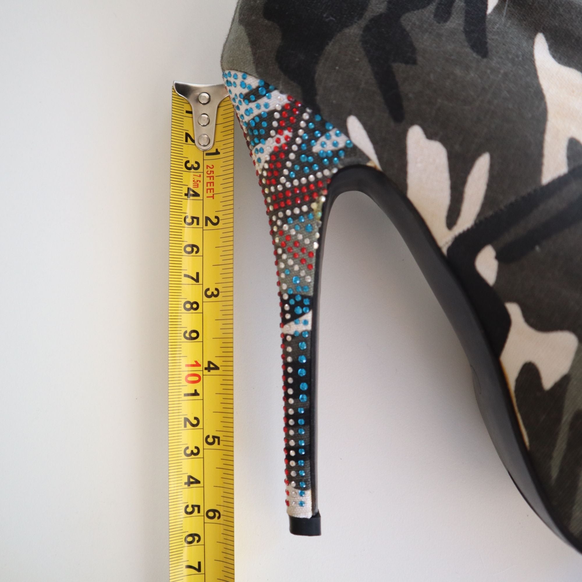 Mochi Camouflage High Heel Platform Ankle Boots W/ Beaded Stiletto Heels Size 7