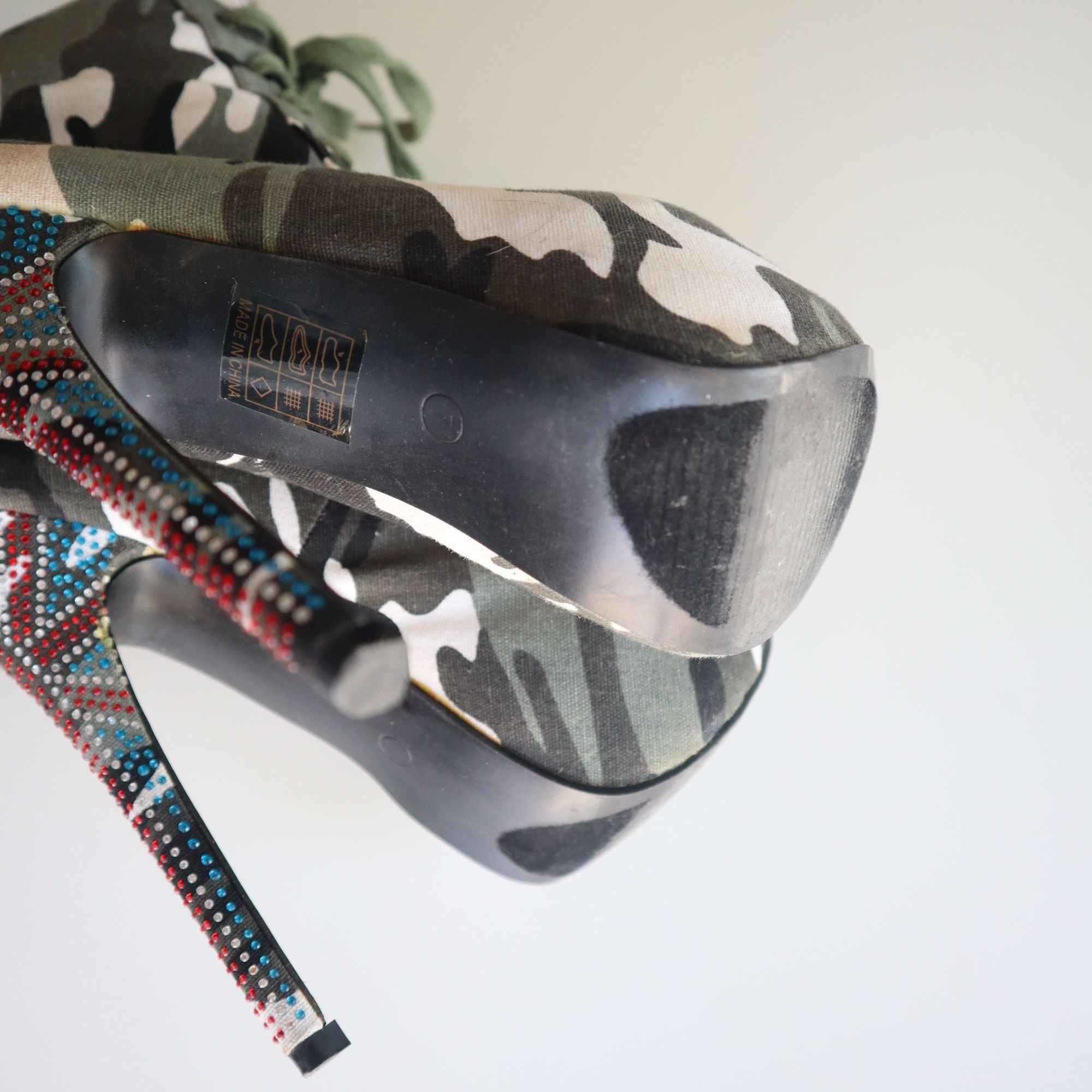 Mochi Camouflage High Heel Platform Ankle Boots W/ Beaded Stiletto Heels Size 7