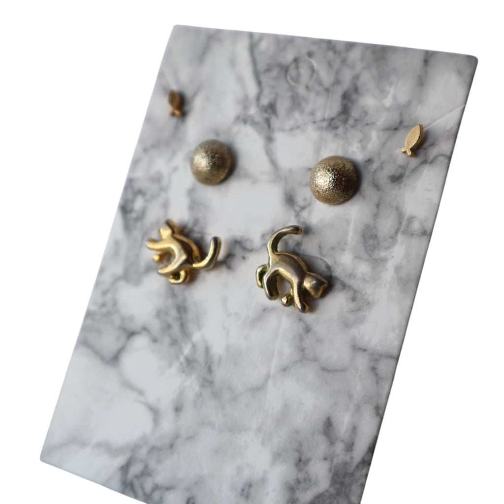 Gold Cat & Glitter Ball Stud Earrings, Set of 3
