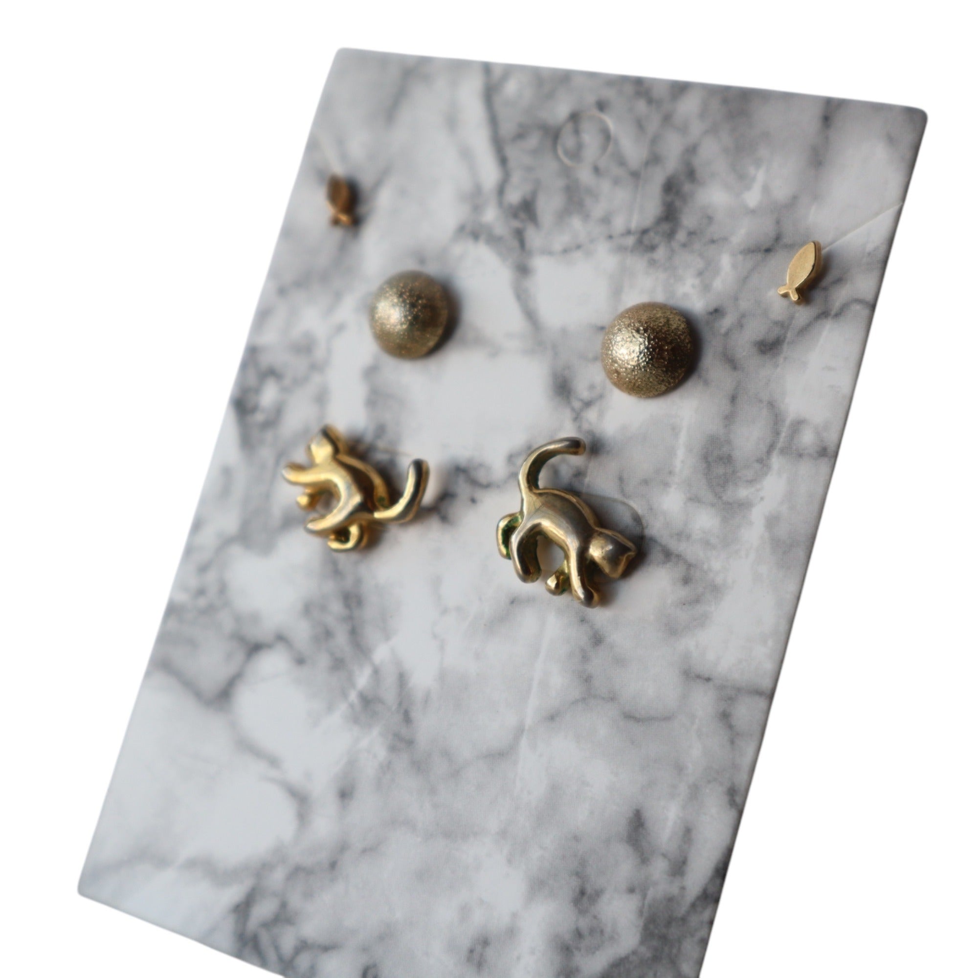 Gold Cat & Glitter Ball Stud Earrings, Set of 3
