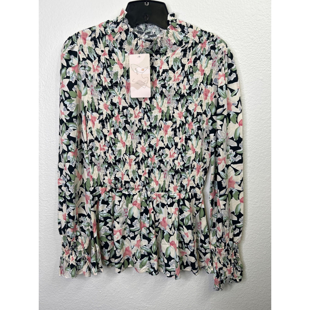 #1077 Fashion Floral Smocked Long Sleeve Blouse Ruffle Collar Peplum Hem Size S