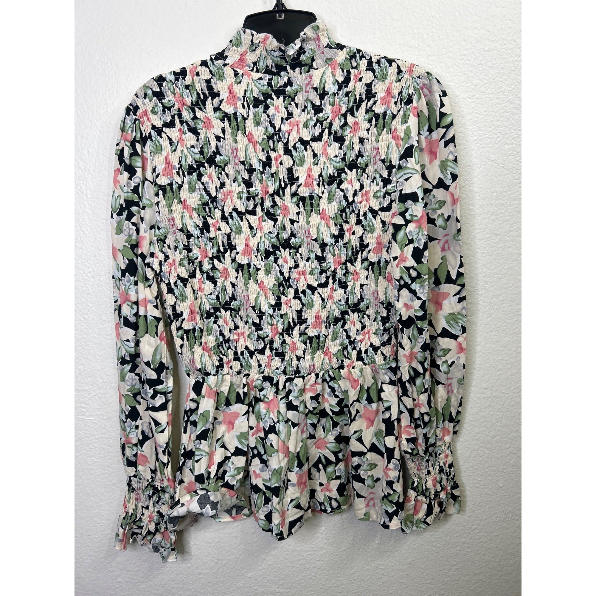 #1077 Fashion Floral Smocked Long Sleeve Blouse Ruffle Collar Peplum Hem Size S
