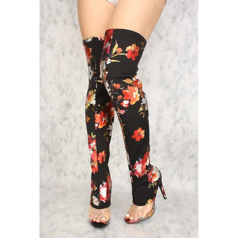 Women's Size 6 Black Floral Clear Peep Toe Over the Knee High Heel Boots Lycra