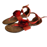 Forever Orange Faux Suede Pom Pom Rose T Bar Flat Sandals Women's Size 6