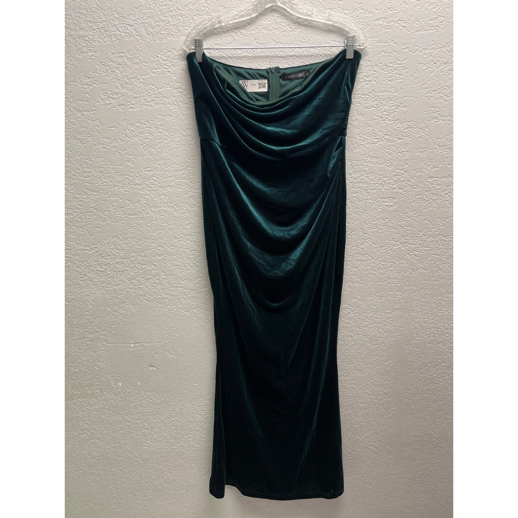 #1048 Green Velvet Midi Dress With Draped Neckline & Back Zip Closure
