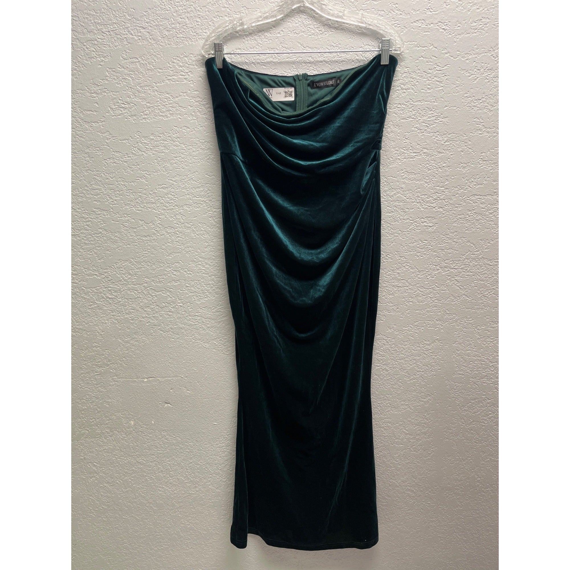 #1048 Green Velvet Midi Dress With Draped Neckline & Back Zip Closure