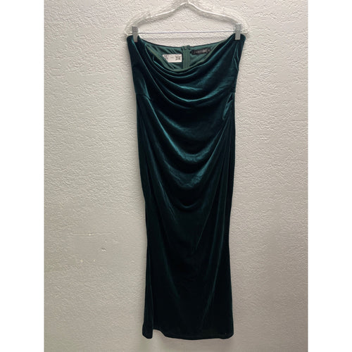 #1048 Green Velvet Midi Dress With Draped Neckline & Back Zip Closure