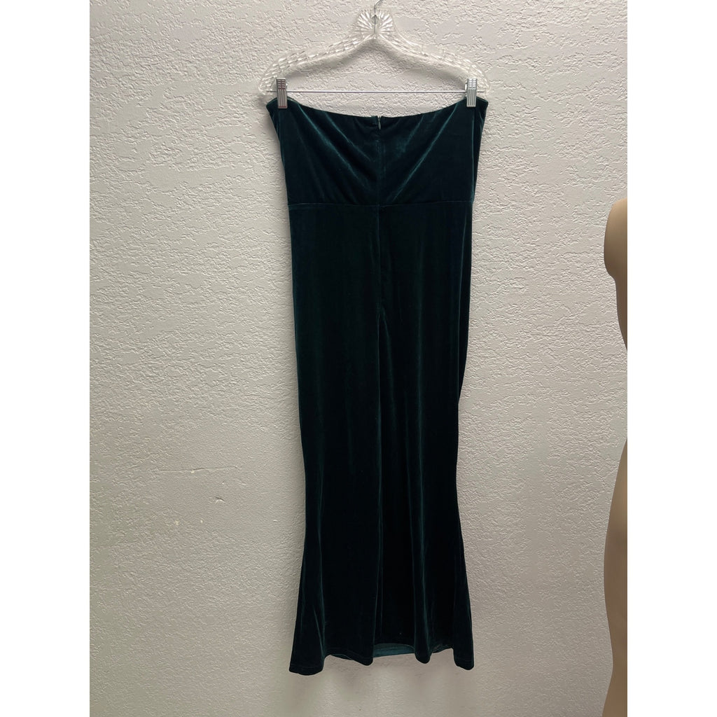 #1048 Green Velvet Midi Dress With Draped Neckline & Back Zip Closure