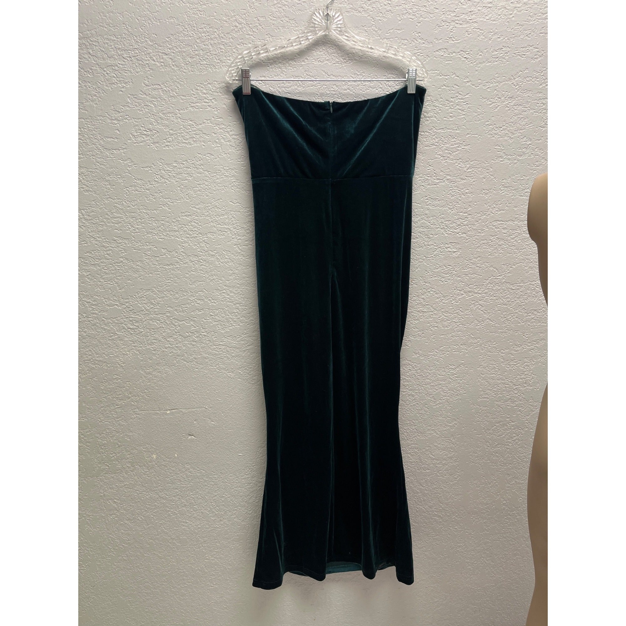 #1048 Green Velvet Midi Dress With Draped Neckline & Back Zip Closure