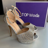 Top Moda Peep Toe Stiletto Platform Silver Embellished 4" Heels Women's Size 6