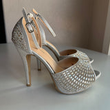 Top Moda Peep Toe Stiletto Platform Silver Embellished 4" Heels Women's Size 6