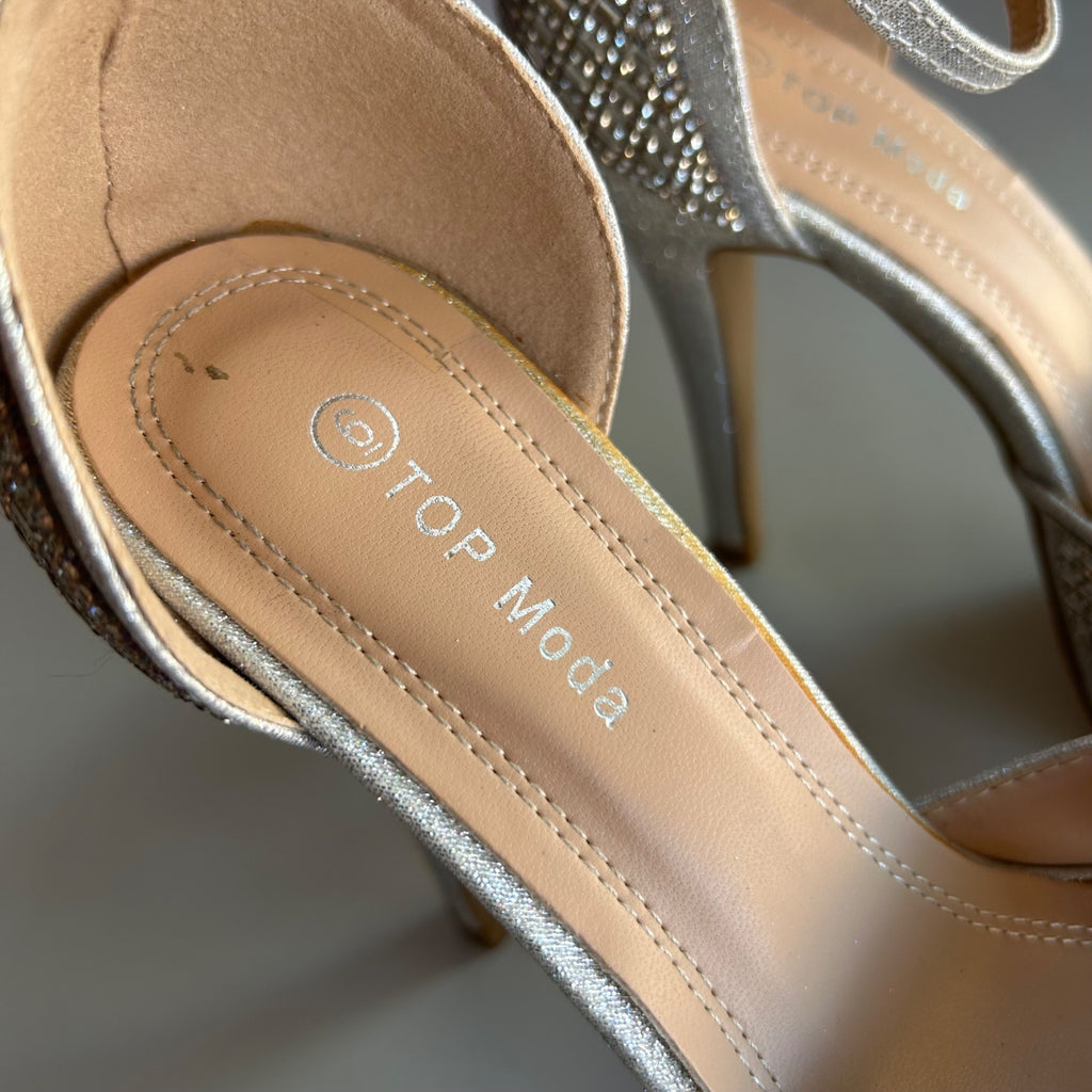 Top Moda Peep Toe Stiletto Platform Silver Embellished 4" Heels Women's Size 6