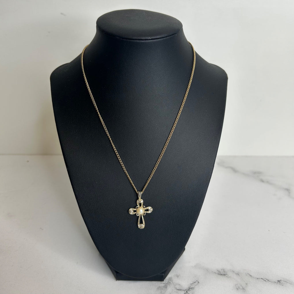 DG-59  AVON Gold-Tone Cross Pendant Necklace With Faux Pearl & Clear Accents On 18-Inch Chain