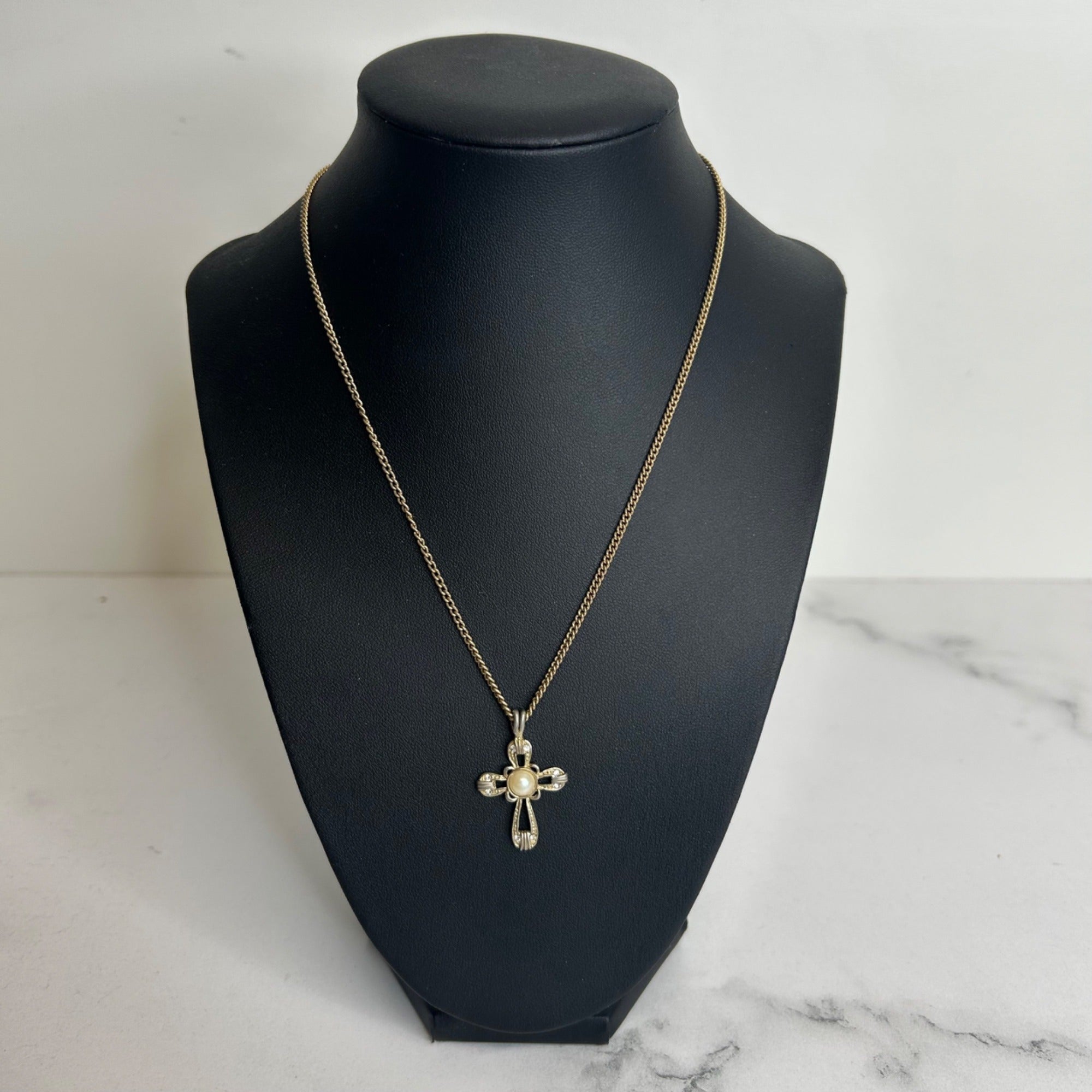 DG-59  AVON Gold-Tone Cross Pendant Necklace With Faux Pearl & Clear Accents On 18-Inch Chain