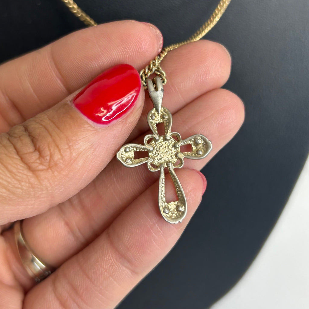 DG-59  AVON Gold-Tone Cross Pendant Necklace With Faux Pearl & Clear Accents On 18-Inch Chain