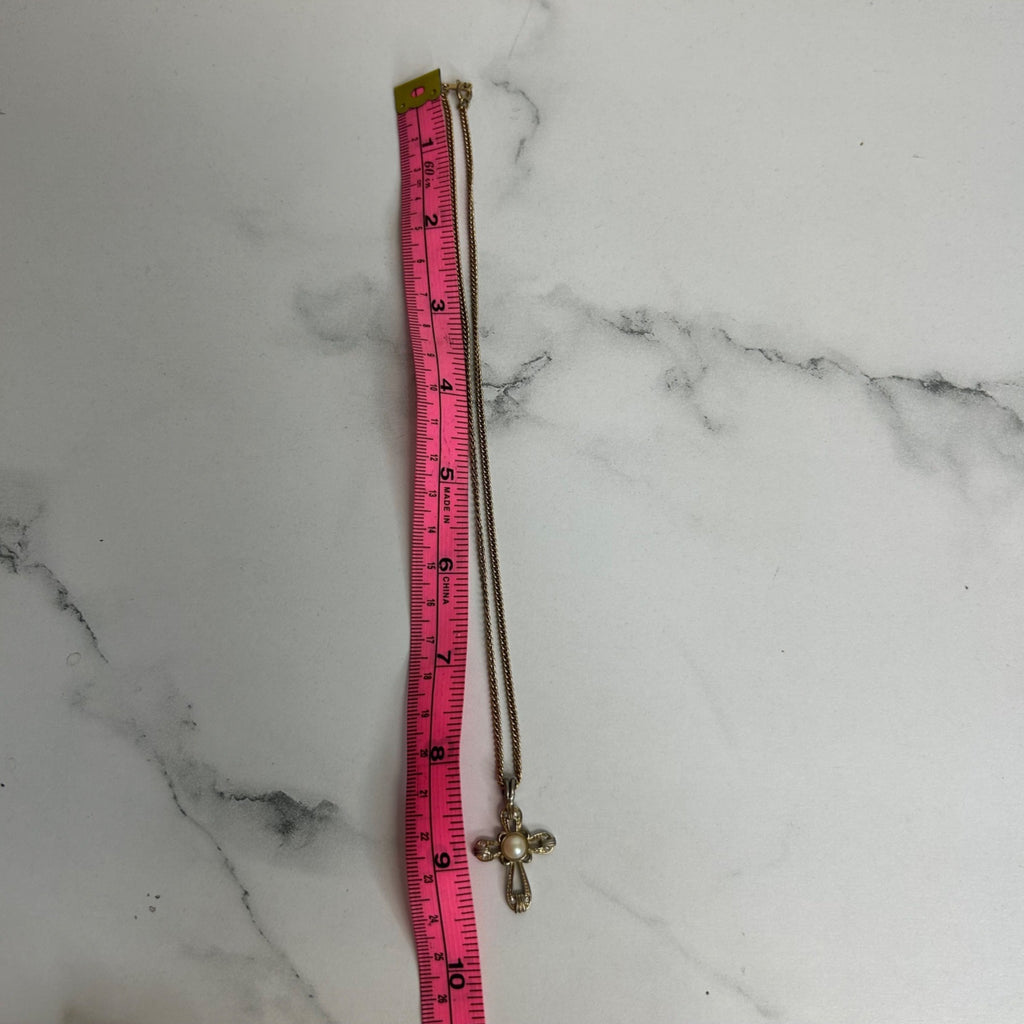 DG-59  AVON Gold-Tone Cross Pendant Necklace With Faux Pearl & Clear Accents On 18-Inch Chain