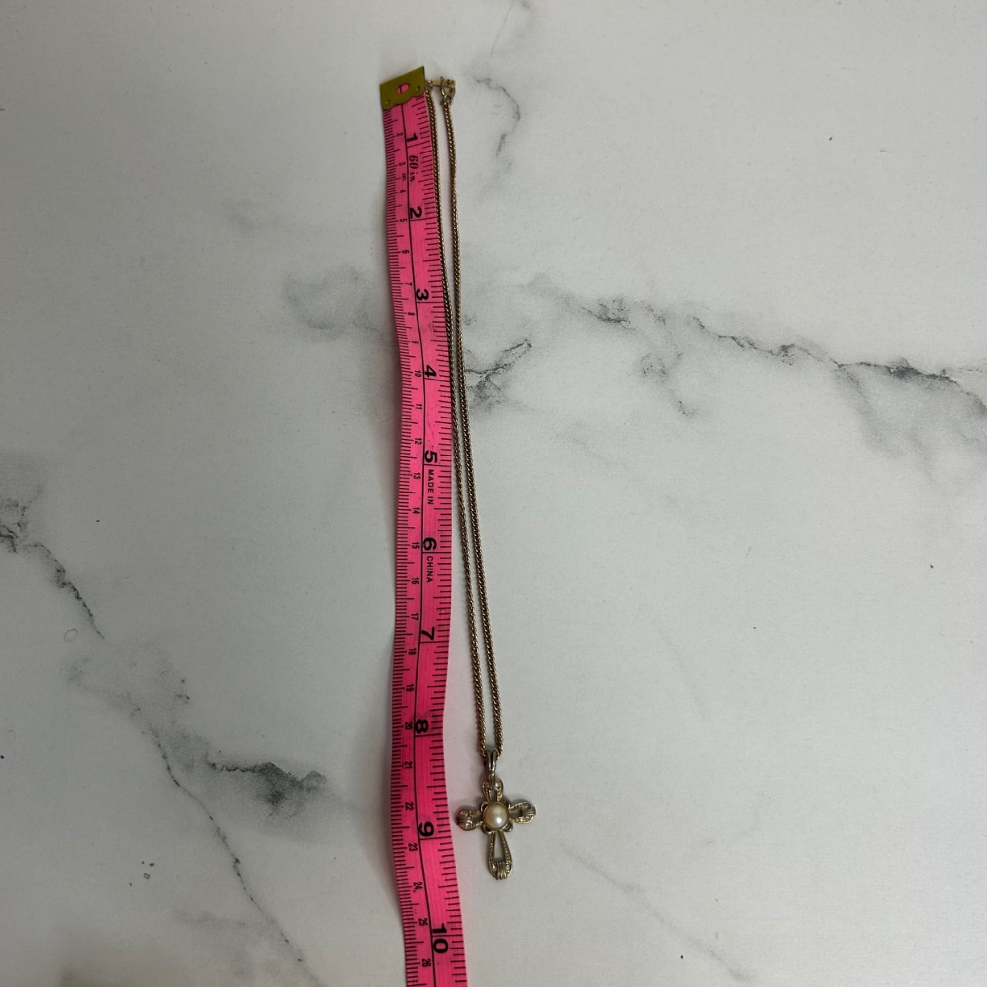 DG-59  AVON Gold-Tone Cross Pendant Necklace With Faux Pearl & Clear Accents On 18-Inch Chain