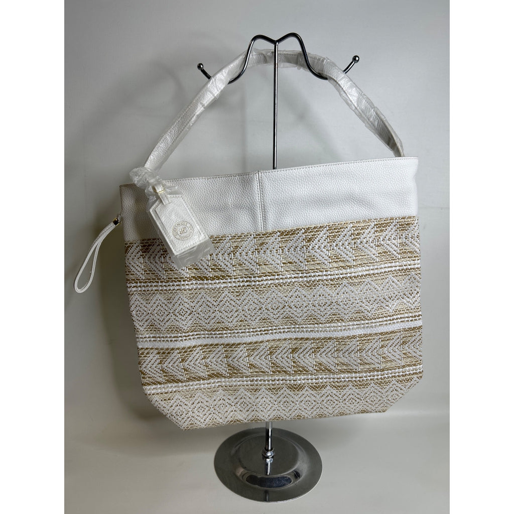 Estée Lauder White & Gold Tote Bag With Woven Pattern & Textured Faux Leather Trim