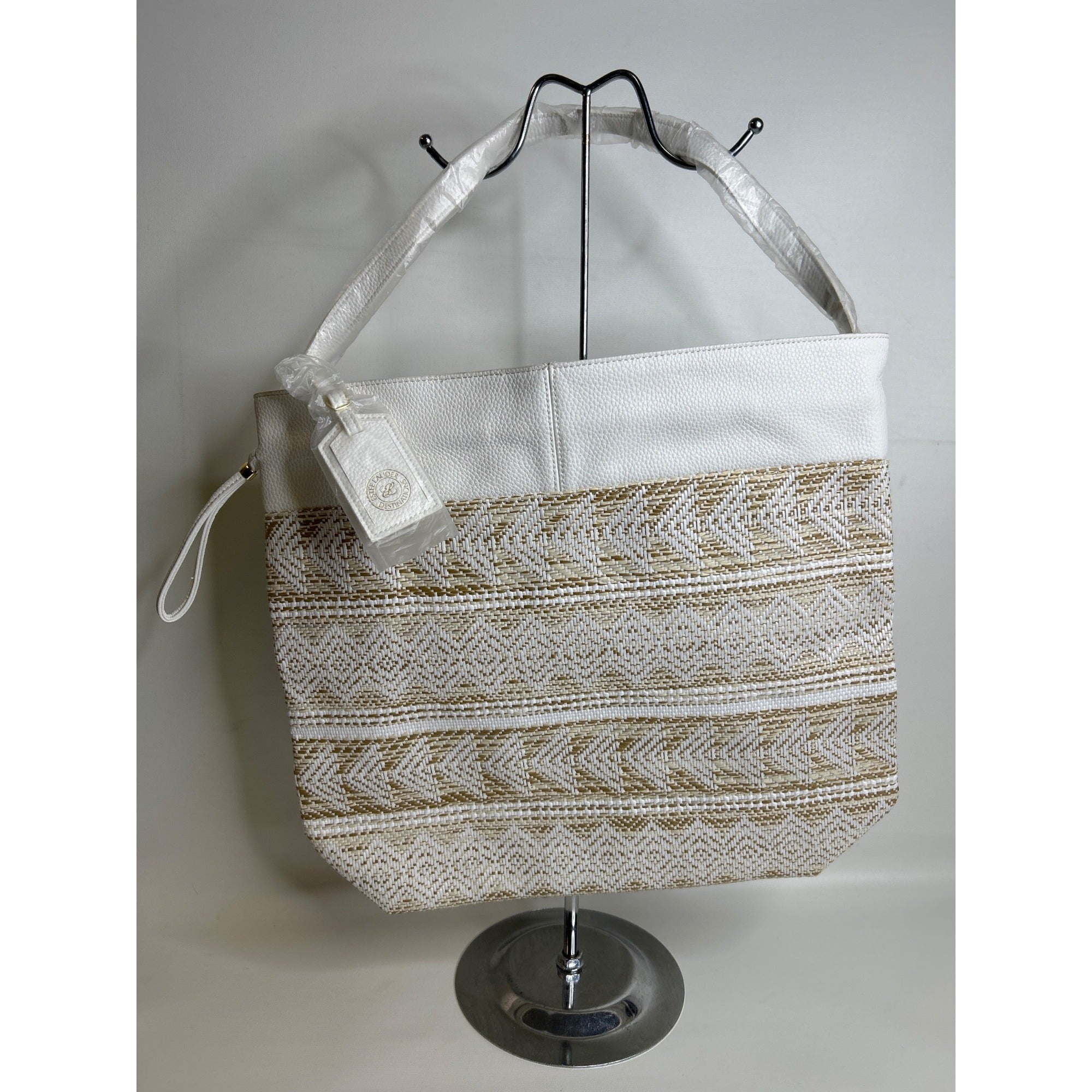 Estée Lauder White & Gold Tote Bag With Woven Pattern & Textured Faux Leather Trim